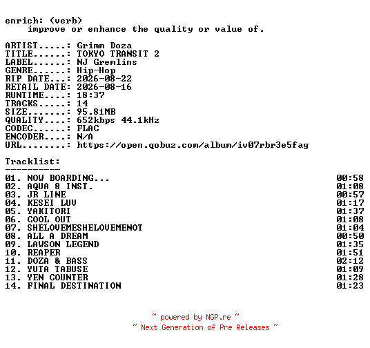 NFO for the release Grimm_Doza-TOKYO_TRANSIT_2-16BIT-WEB-FLAC-2026-ENRiCH by ENRiCH