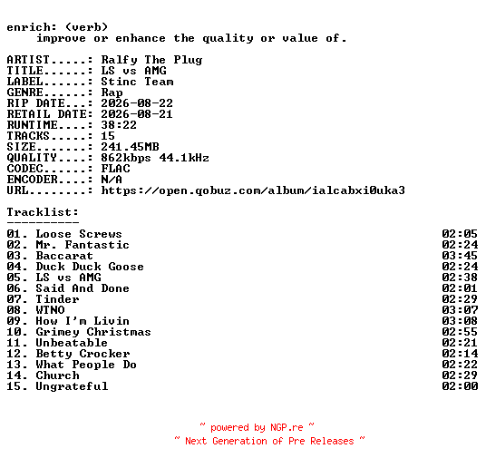 NFO for the release Ralfy_The_Plug-LS_vs_AMG-24BIT-WEB-FLAC-2026-ENRiCH by ENRiCH