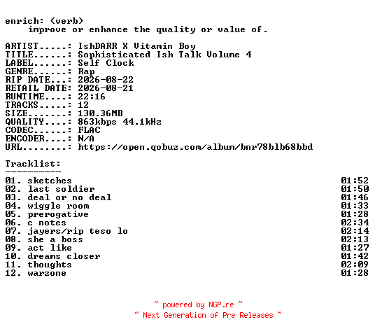 NFO for the release IshDARR_X_Vitamin_Boy-Sophisticated_Ish_Talk_Volume_4-16BIT-WEB-FLAC-2026-ENRiCH by ENRiCH