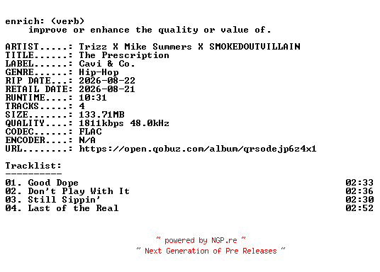 NFO for the release Trizz_X_Mike_Summers_X_SMOKEDOUTVILLAIN-The_Prescription-EP-24BIT-WEB-FLAC-2026-ENRiCH by ENRiCH