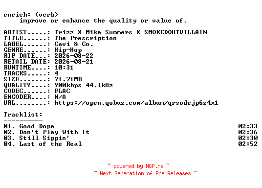 NFO for the release Trizz_X_Mike_Summers_X_SMOKEDOUTVILLAIN-The_Prescription-EP-16BIT-WEB-FLAC-2026-ENRiCH by ENRiCH