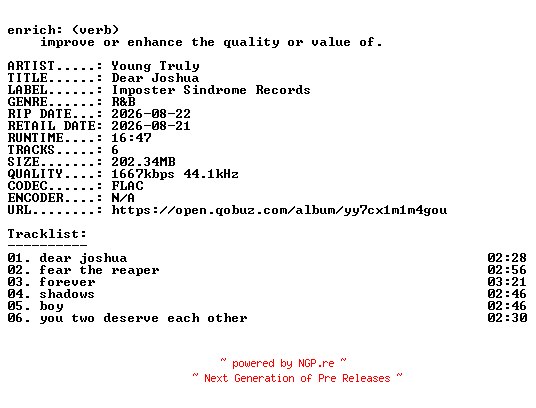 NFO for the release Young_Truly-Dear_Joshua-EP-24BIT-WEB-FLAC-2026-ENRiCH by ENRiCH