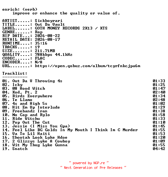 NFO for the release Sickboyrari-Out_Da_Vault-16BIT-WEB-FLAC-2026-ENRiCH by ENRiCH