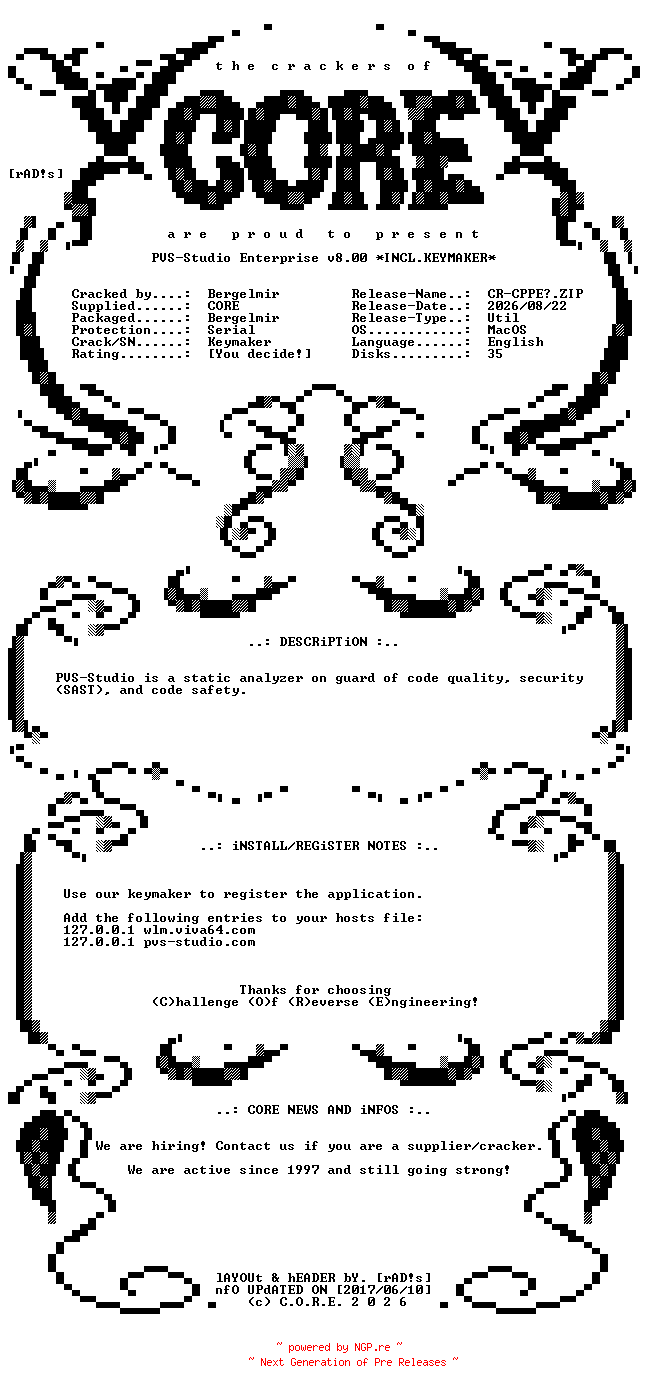NFO for the release PVS-Studio.Enterprise.v8.00.MacOS.ARM64.Incl.Keymaker-CORE by CORE