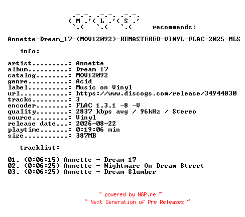 NFO for the release Annette-Dream_17-(MOV12092)-REMASTERED-VINYL-FLAC-2025-MLS by MLS