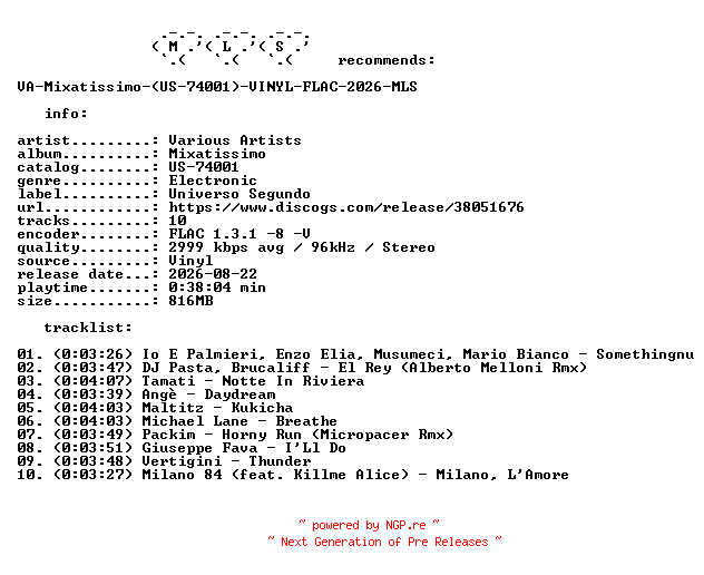 NFO for the release VA-Mixatissimo-(US-74001)-VINYL-FLAC-2026-MLS by MLS