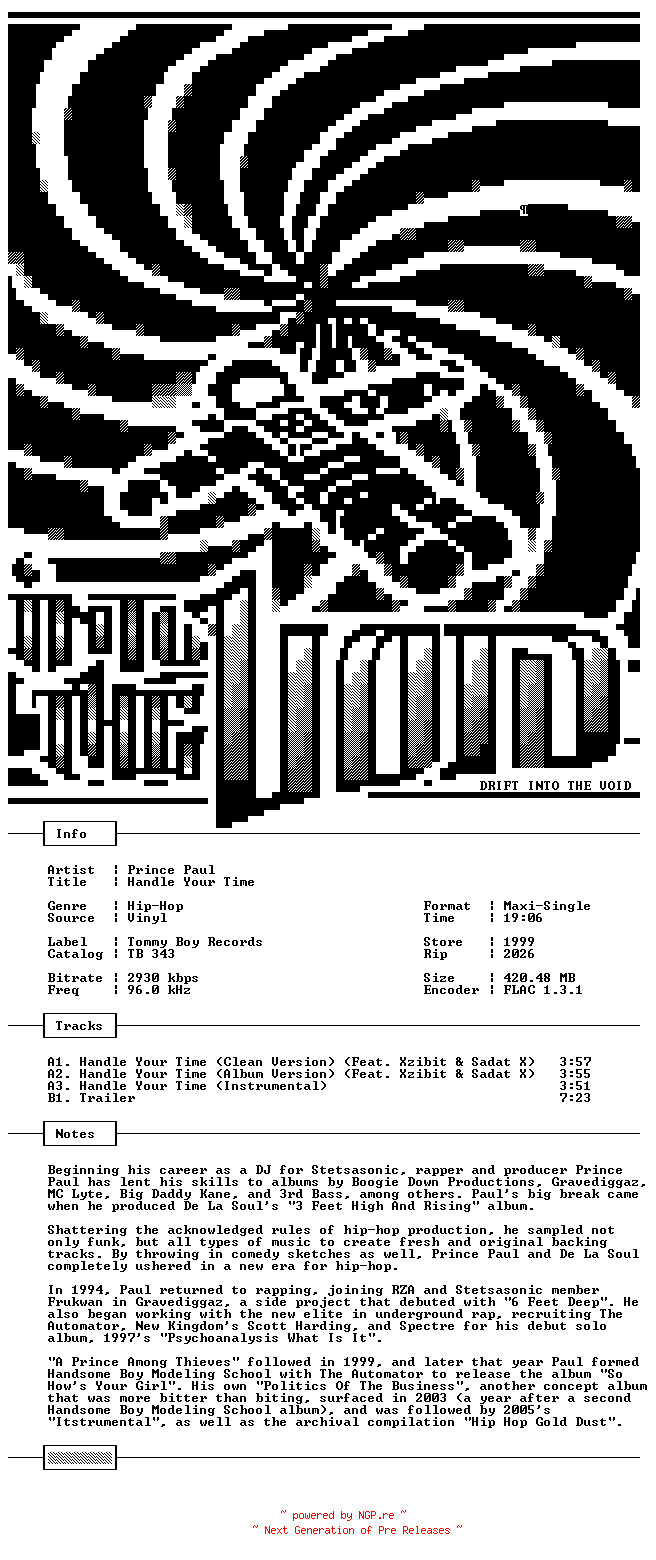NFO for the release Prince_Paul-Handle_Your_Time-Promo-VLS-FLAC-1999-THEVOiD by THEVOiD