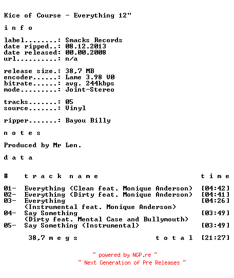 NFO for the release Kice_of_Course-Everything-VLS-2008-CMS by CMS