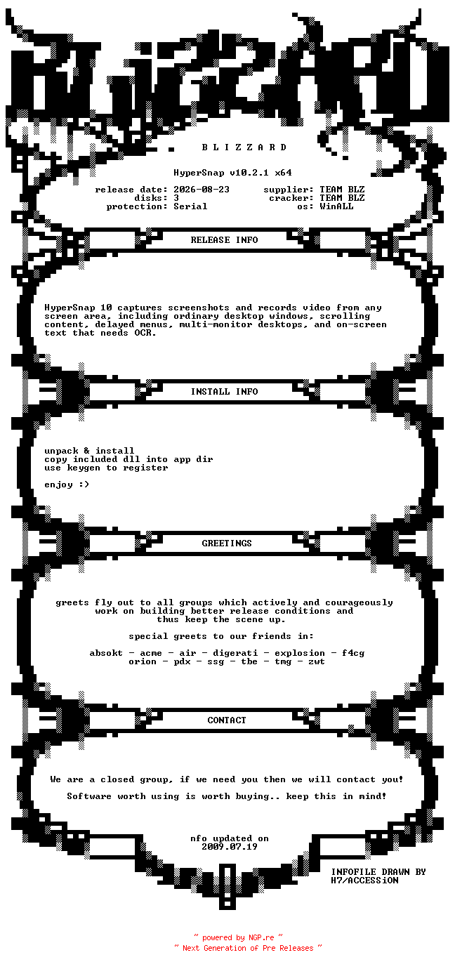NFO for the release HyperSnap.v10.2.1.x64.WinALL.Incl.Keygen.Patch-BLiZZARD by BLiZZARD
