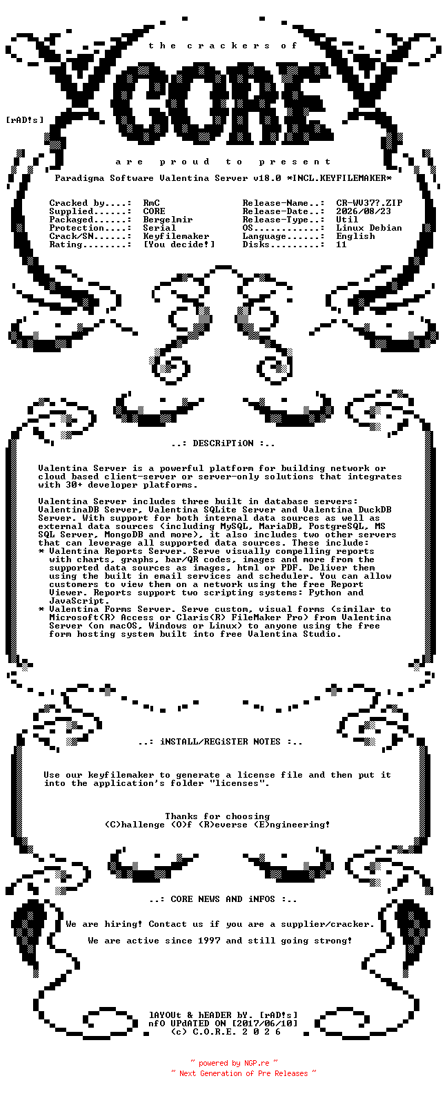 NFO for the release Paradigma.Software.Valentina.Server.v18.0.Linux.Debian.ARM64.Incl.Keyfilemaker-CORE by CORE