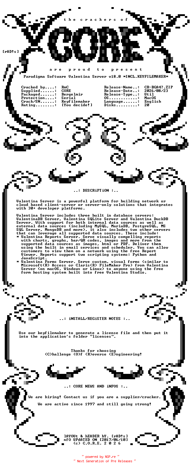 NFO for the release Paradigma.Software.Valentina.Server.v18.0.MacOS.UB.Incl.Keyfilemaker-CORE by CORE