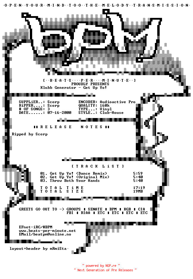 NFO for the release Klubb_Generator-Get_Up_Yo_-Vinyl-2000-BPM by BPM