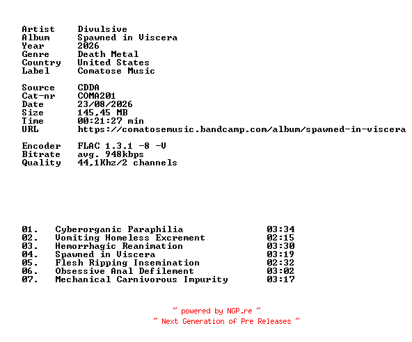 NFO for the release Divulsive-Spawned_in_Viscera-(COMA201)-CD-FLAC-2026-86D by 86D
