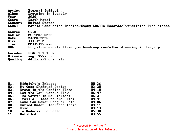NFO for the release Eternal_Suffering-Drowning_in_Tragedy-(MGR108-ES022)-REISSUE-CD-FLAC-2026-86D by 86D
