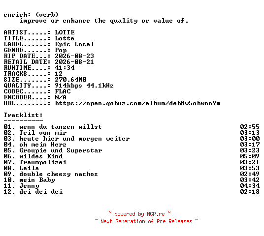 NFO for the release LOTTE-Lotte-DE-16BIT-WEB-FLAC-2026-ENRiCH by ENRiCH