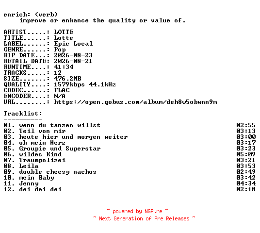 NFO for the release LOTTE-Lotte-DE-24BIT-WEB-FLAC-2026-ENRiCH by ENRiCH