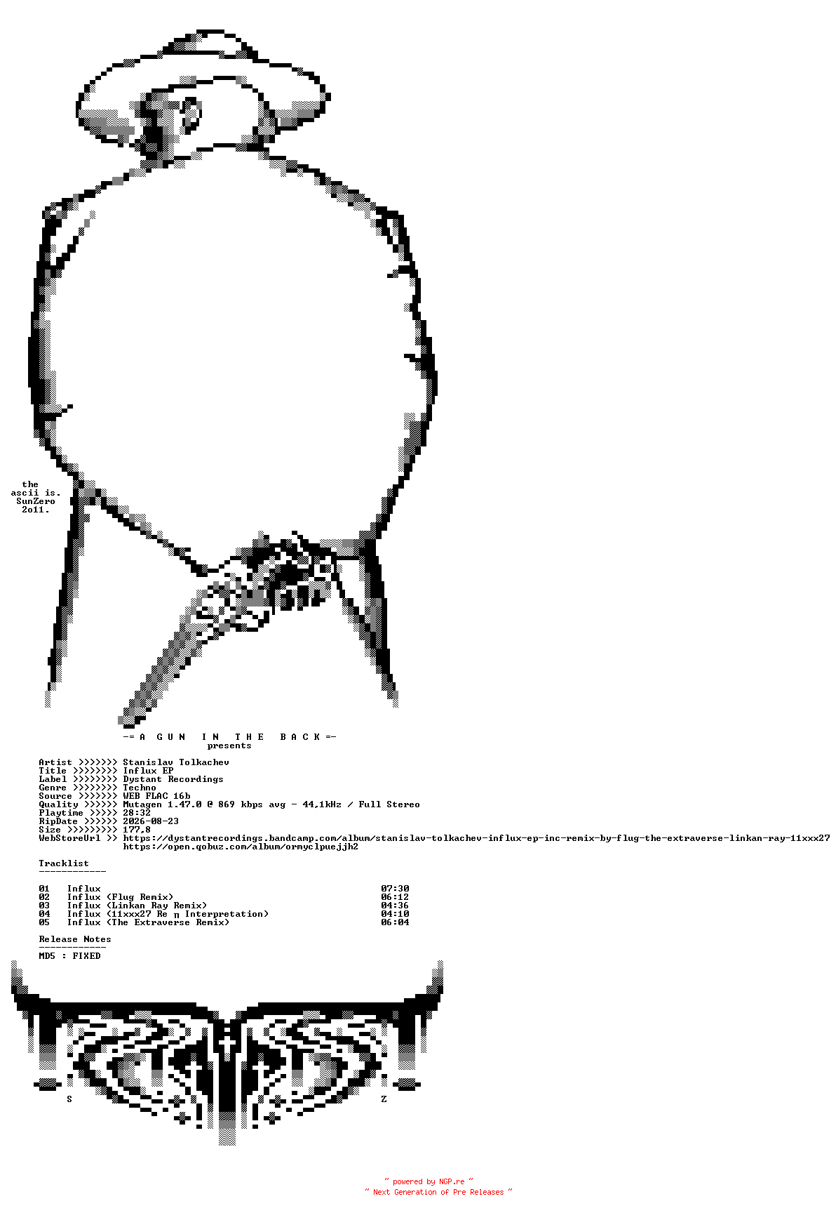 NFO for the release Stanislav_Tolkachev-Influx_EP-(DST002)-16BIT-WEB-FLAC-2019-AGITB by AGITB