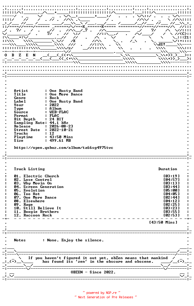 NFO for the release One_Rusty_Band-One_More_Dance-24BIT-44KHZ-WEB-FLAC-2022-OBZEN by OBZEN