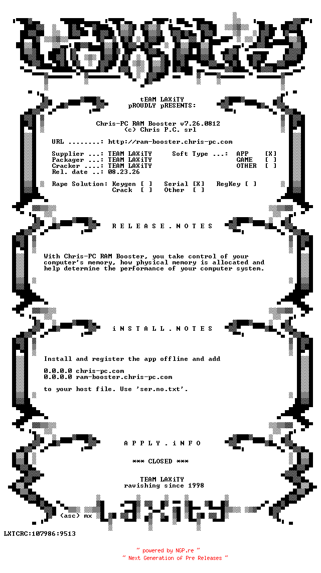 NFO for the release Chris-PC.RAM.Booster.v7.26.0812-LAXiTY by LAXiTY
