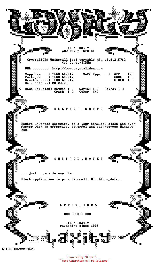 NFO for the release CrystalIDEA.Uninstall.Tool.portable.x64.v3.8.2.5762-LAXiTY by LAXiTY