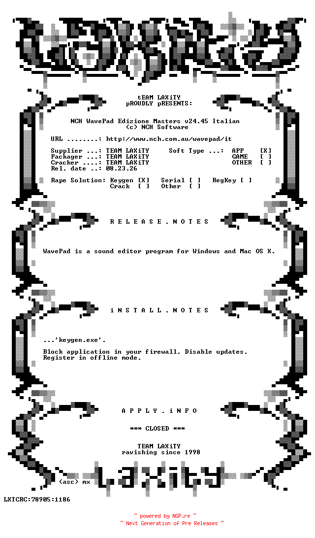 NFO for the release NCH.WavePad.Edizione.Masters.v24.45.Italian.incl.Keygen-LAXiTY by LAXiTY