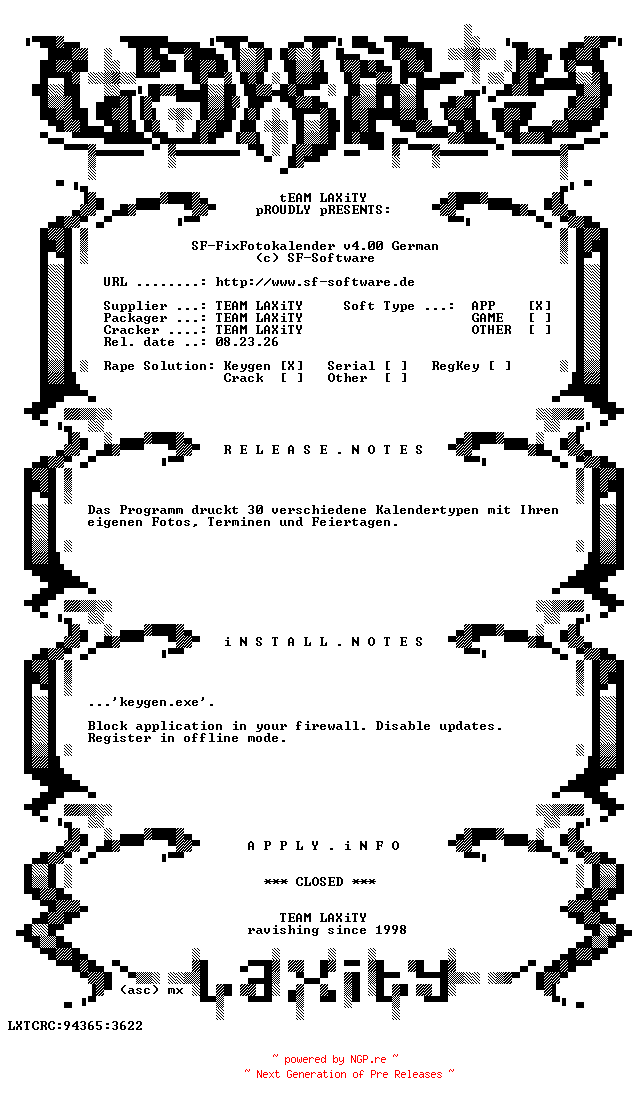 NFO for the release SF-FixFotokalender.v4.00.German.Keygen.only-LAXiTY by LAXiTY