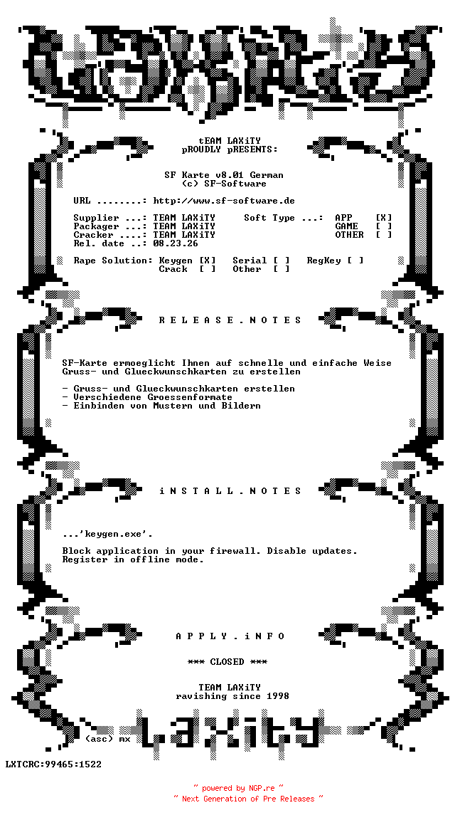 NFO for the release SF.Karte.v8.01.German.Keygen.only-LAXiTY by LAXiTY