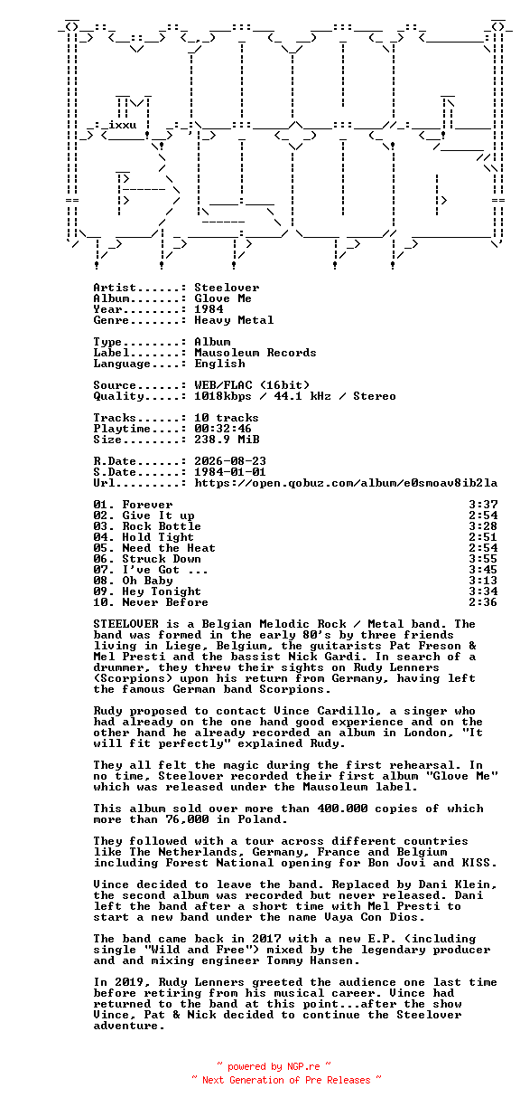 NFO for the release Steelover-Glove_Me-16BIT-WEB-FLAC-1984-MOONBLOOD by MOONBLOOD