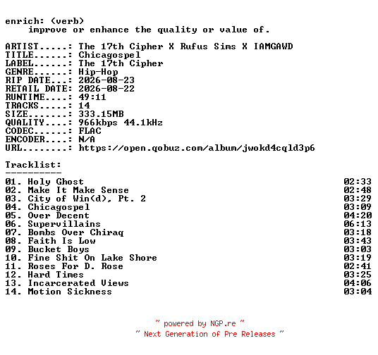 NFO for the release The_17th_Cipher_X_Rufus_Sims_X_IAMGAWD-Chicagospel-16BIT-WEB-FLAC-2026-ENRiCH by ENRiCH