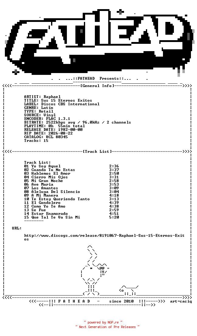 NFO for the release Raphael-Sus_15_Eternos_Exitos-ES-VINYL-FLAC-1982-FATHEAD by FATHEAD