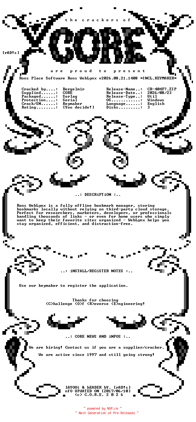 NFO for the release Rons.Place.Software.Rons.WebLynx.v2026.08.21.1408.Incl.Keymaker-CORE by CORE