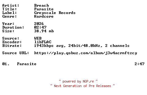 NFO for the release Breach-Parasite-Single-24BIT-WEB-FLAC-2026-VEXED by VEXED