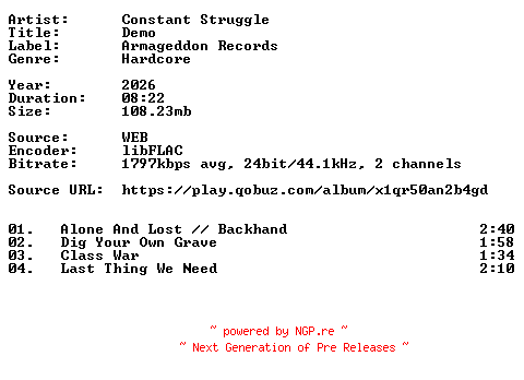 NFO for the release Constant_Struggle-Demo-24BIT-WEB-FLAC-2026-VEXED by VEXED