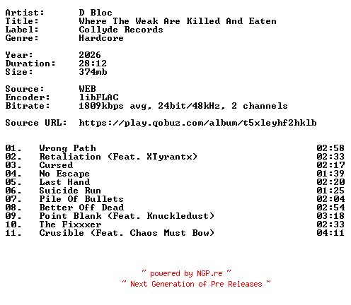 NFO for the release D_Bloc-Where_The_Weak_Are_Killed_And_Eaten-24BIT-WEB-FLAC-2026-VEXED by VEXED