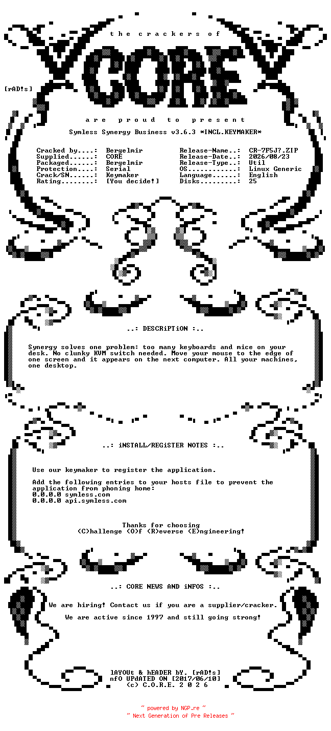 NFO for the release Symless.Synergy.Business.v3.6.3.Linux.Generic.x64.Incl.Keymaker-CORE by CORE