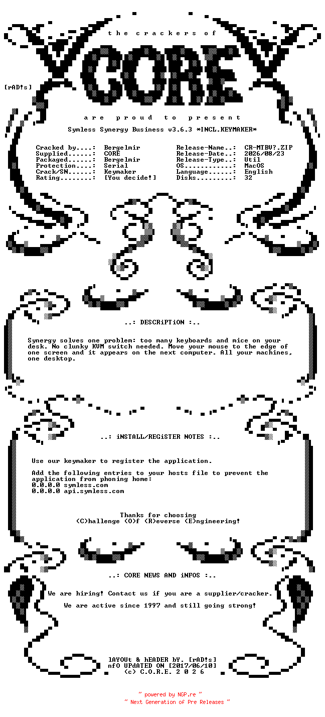 NFO for the release Symless.Synergy.Business.v3.6.3.MacOS.x64.Incl.Keymaker-CORE by CORE