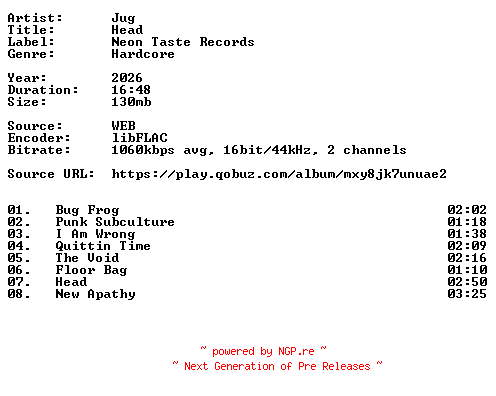 NFO for the release Jug-Head-16BIT-WEB-FLAC-2026-VEXED by VEXED