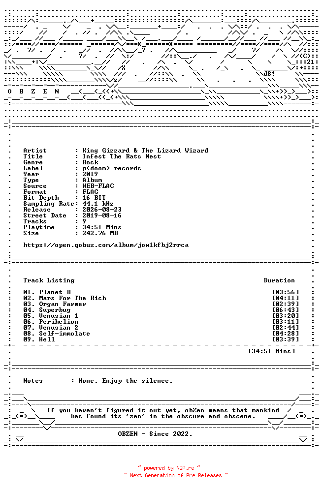NFO for the release King_Gizzard_and_The_Lizard_Wizard-Infest_The_Rats_Nest-16BIT-WEB-FLAC-2019-OBZEN by OBZEN