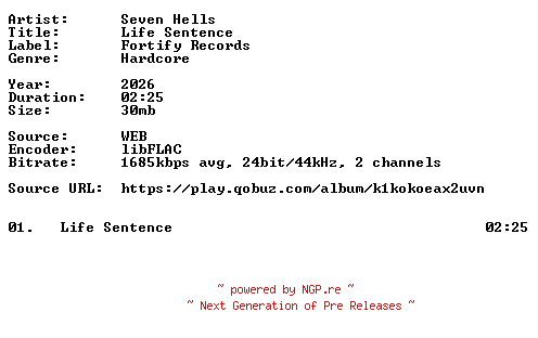 NFO for the release Seven_Hells-Life_Sentence-Single-24BIT-WEB-FLAC-2026-VEXED by VEXED