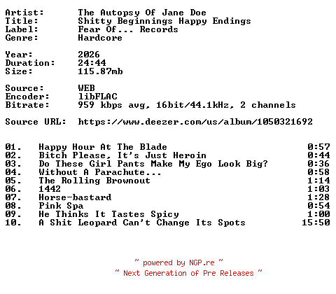 NFO for the release The_Autopsy_Of_Jane_Doe-Shitty_Beginnings_Happy_Endings-16BIT-WEB-FLAC-2026-VEXED by VEXED
