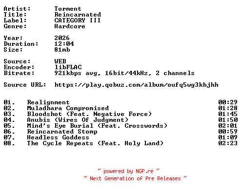 NFO for the release Torment-Reincarnated-16BIT-WEB-FLAC-2026-VEXED by VEXED