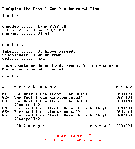 NFO for the release Luckyiam-The_Best_I_Can_b-w_Borrowed_Time-VLS-2008-CMS by CMS
