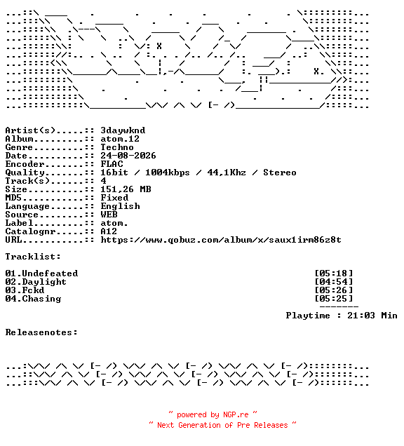 NFO for the release 3daywknd-atom.12-A12-16BIT-WEB-FLAC-2026-WAVED by WAVED