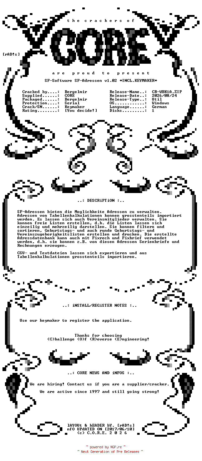 NFO for the release SF-Software.SF-Adressen.v1.02.German.Incl.Keymaker-CORE by CORE