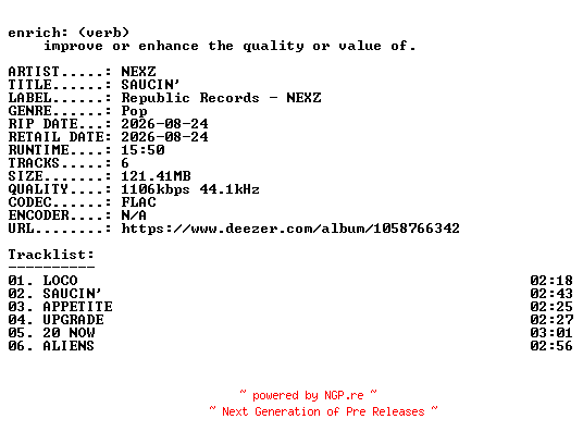 NFO for the release NEXZ-SAUCIN-KR-EP-16BIT-WEB-FLAC-2026-ENRiCH by ENRiCH