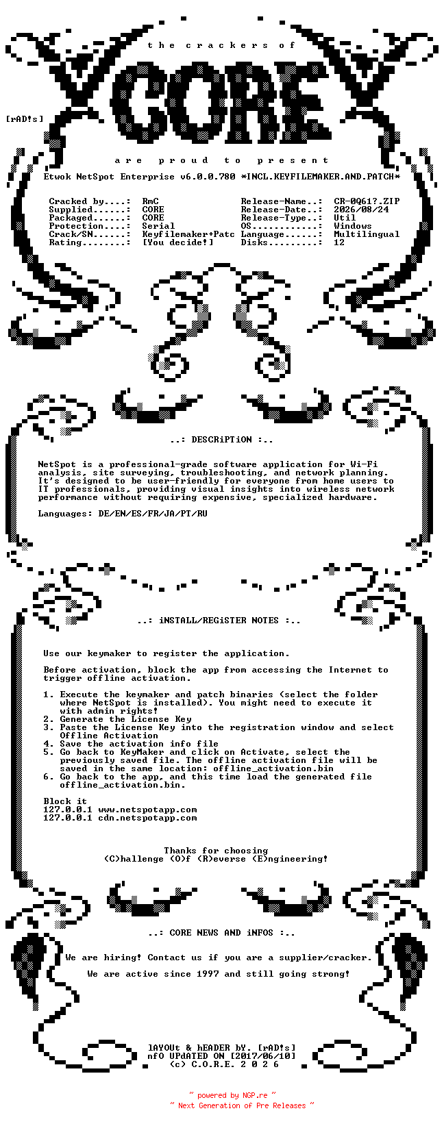 NFO for the release Etwok.NetSpot.Enterprise.v6.0.0.780.Multilingual.Incl.Keyfilemaker.and.Patch-CORE by CORE