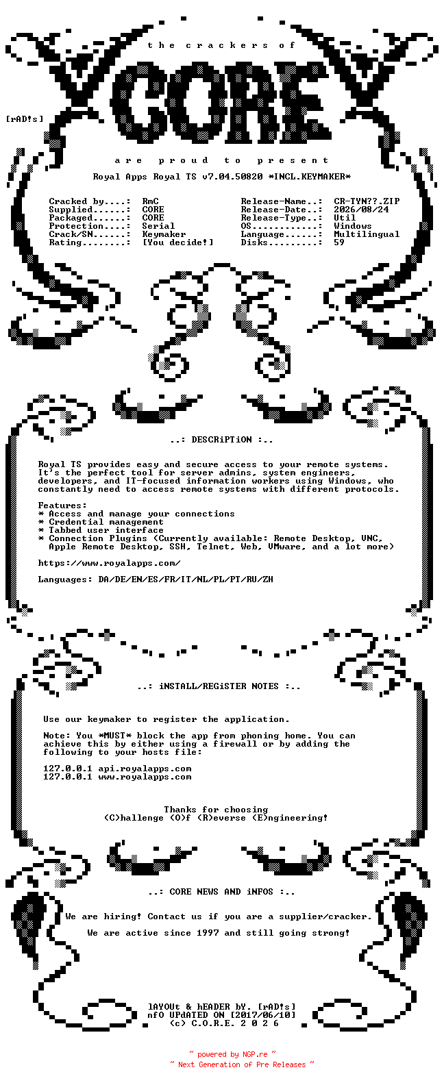 NFO for the release Royal.Apps.Royal.TS.v7.04.50820.ARM64.Multilingual.Incl.Keymaker-CORE by CORE