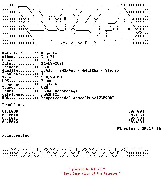 NFO for the release Avgusto-Due_EP-FLASH121-16BIT-WEB-FLAC-2015-WAVED by WAVED