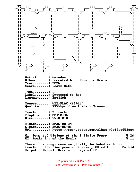 NFO for the release Gosudar-Demented_Live_From_the_Realm-EP-16BIT-WEB-FLAC-2026-MOONBLOOD by MOONBLOOD