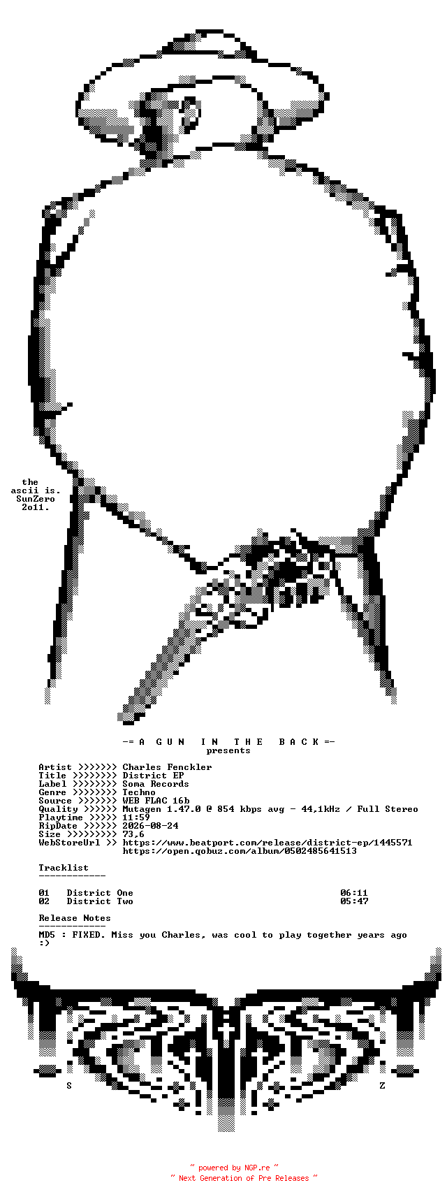 NFO for the release Charles_Fenckler-District_EP-(SOMA415D)-16BIT-WEB-FLAC-2015-AGITB by AGITB